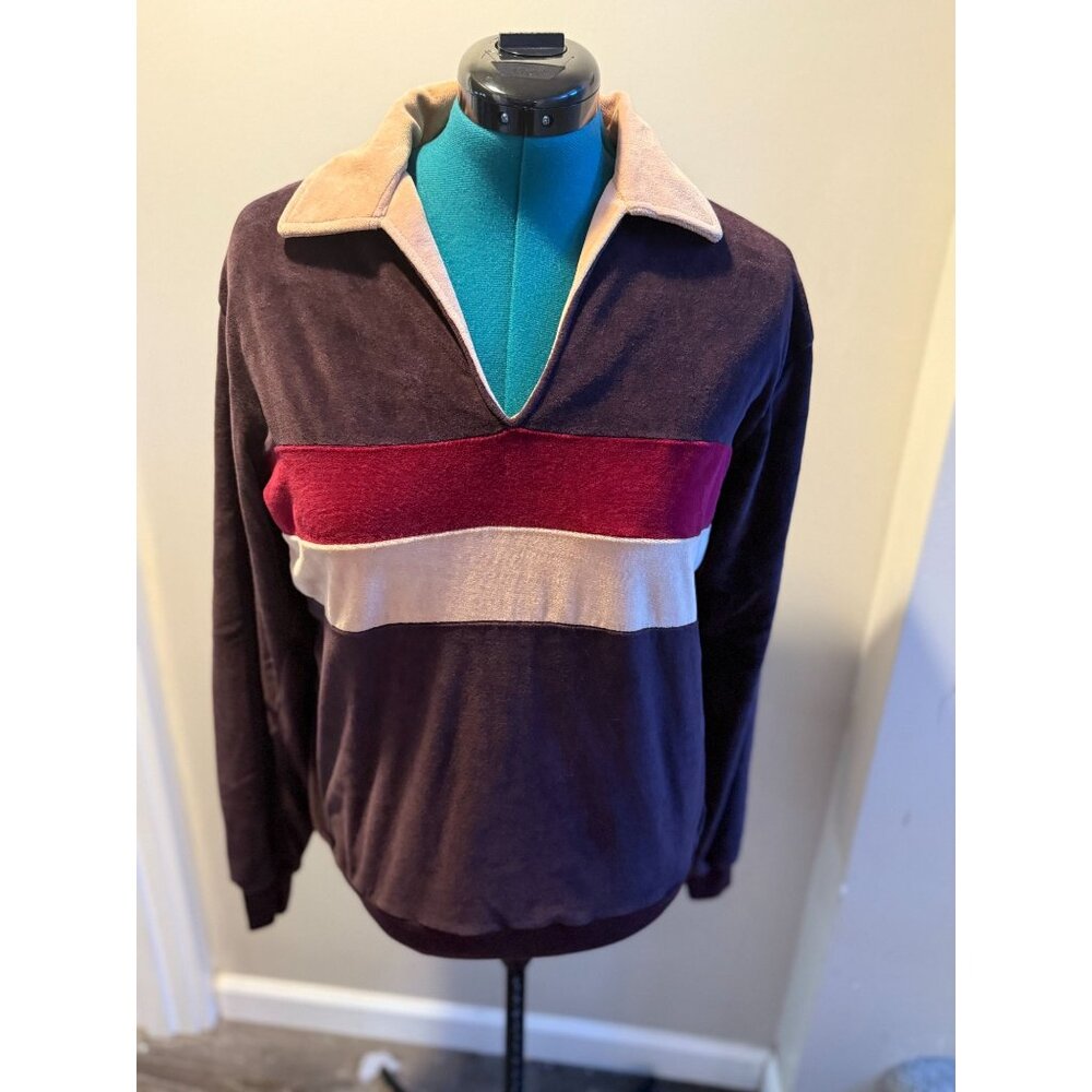 Vintage 90s Brown, Red, Beige Collared Colorblock Long Sleeve Velour Top with El